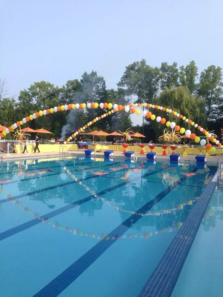 two arches of balloons over the pool